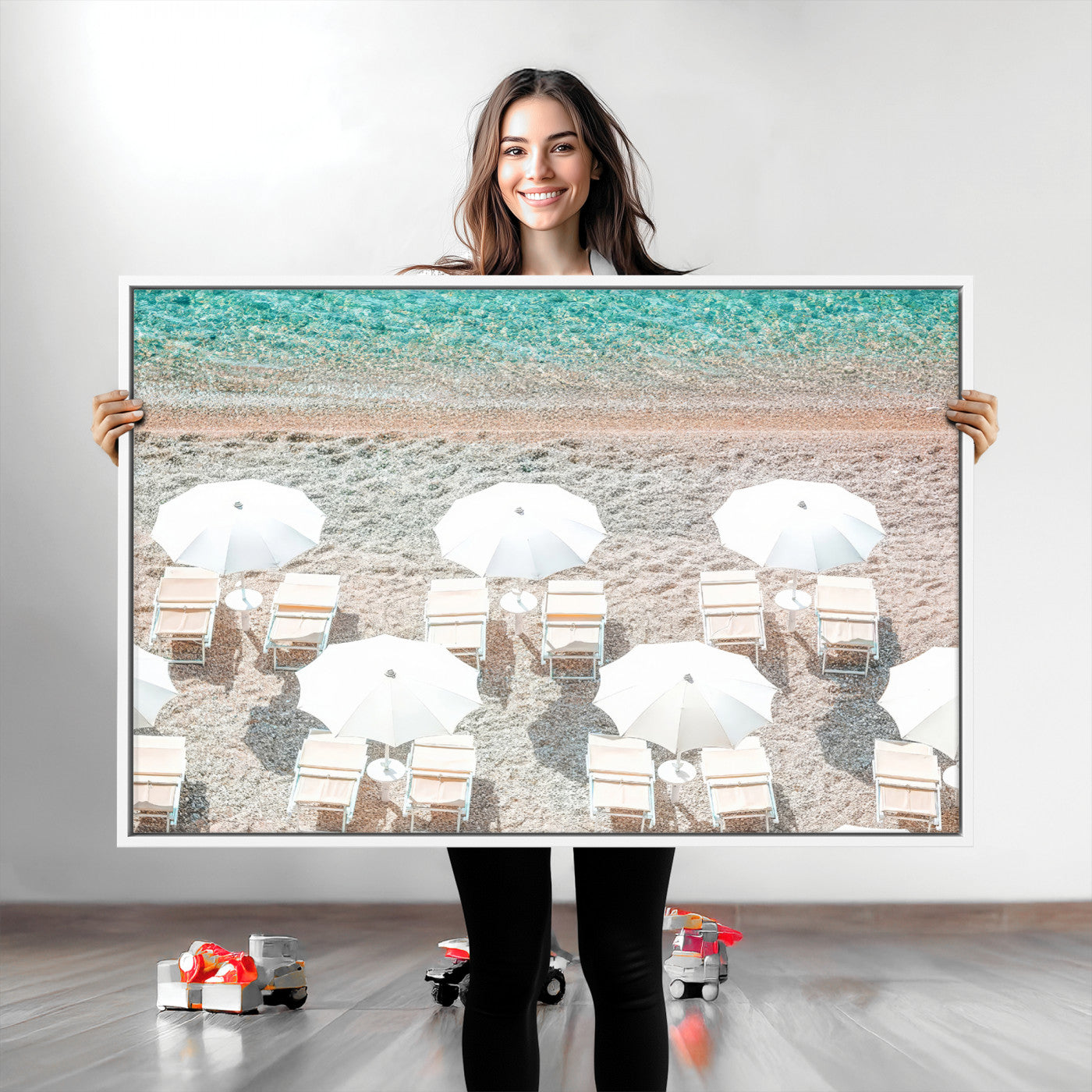 83736167-MGV-CV-36X24-Calm Beach Wall Art Canvas Print, Framed Turquoise Water Art Picture Print, Umbrella Shoreline Perfect Coastal Minimalist Decor