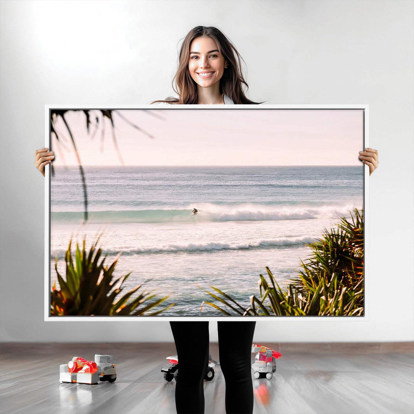 23287092-MGV-CV-36X24-Ocean Surfer Wall Art Canvas Print, Framed Coastal Surf Art Picture Print, Tropical Beach Perfect Tropical Coastal Decor Artwork