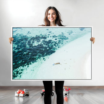 33764764-MGV-CV-36X24-Minimal Beach Wall Art Canvas Print, Framed Ocean Swimming Art Picture Print, Clear Ocean Perfect Minimal Coastal Decor Artwork