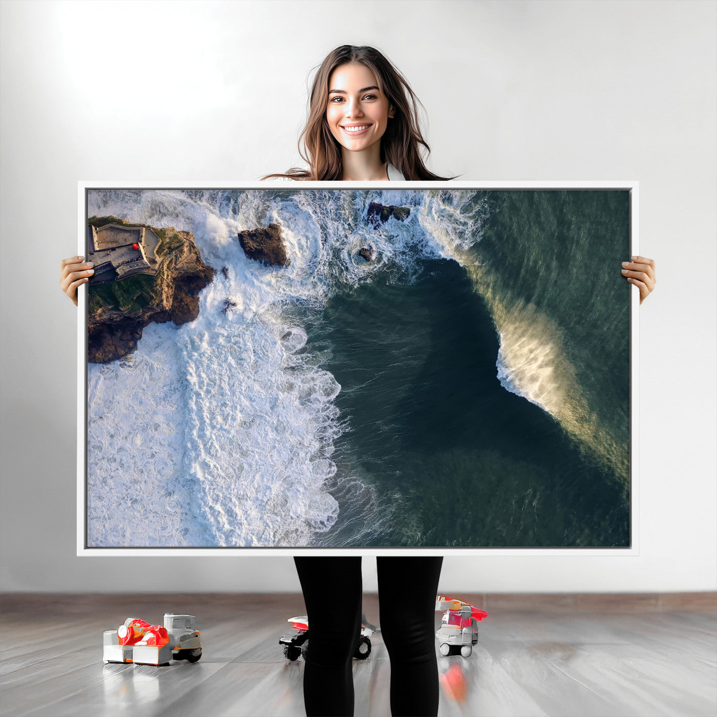 37405684-MGV-CV-36X24-Nazare Coast Wall Art Canvas Print, Framed Aerial Ocean Art Picture Print, Coastal Fortress Perfect Dramatic Coastal Decor Artwork