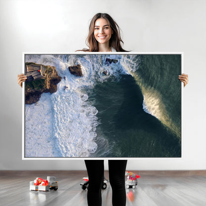 37405684-MGV-CV-36X24-Nazare Coast Wall Art Canvas Print, Framed Aerial Ocean Art Picture Print, Coastal Fortress Perfect Dramatic Coastal Decor Artwork