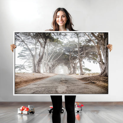 87090469-MGV-CV-36X24-Cypress Tunnel Wall Art Canvas Print, Framed Misty Road Art Picture Print, Foggy Trees Perfect Rustic Woodland Decor Artwork