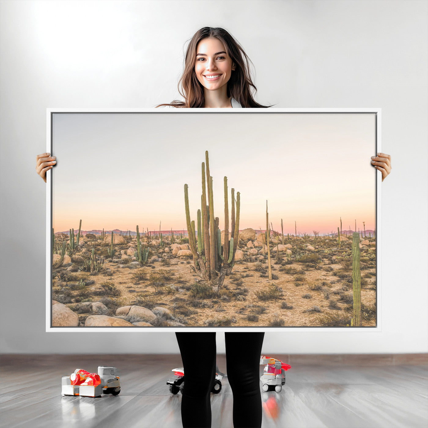 76234974-MGV-CV-36X24-Desert Cactus Wall Art Canvas Print, Framed Baja Desert Art Picture Print, Pastel Desert Perfect Southwestern Boho Decor Artwork