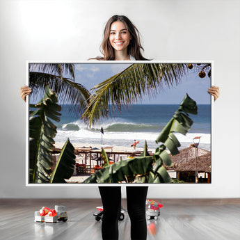 34722557-MGV-CV-36X24-Tropical Shoreline Wall Art Canvas Print, Framed Surfer Beach Art Picture Print, Coastal Surf Perfect Tropical Coastal Decor