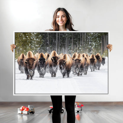 22695857-MGV-CV-36X24-Bison Herd Scene Wall Art Canvas Print, Framed Western Wildlife Art Picture Print, Rustic Animal Art Perfect Rustic Lodge Decor