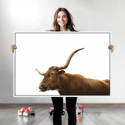 62566114-MGV-CV-36X24-Longhorn Cow Art Wall Art Canvas Print, Framed Rustic Animal Decor Art Picture Print, Texas Bull Photo Perfect Rustic Farmhouse