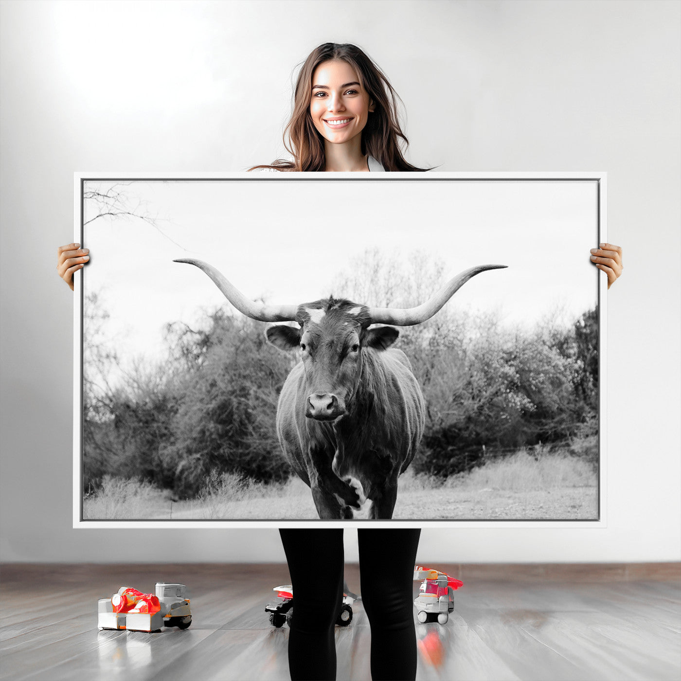 97280319-MGV-CV-36X24-Longhorn Photography Wall Art Canvas Print, Framed Western Cow Decor Art Picture Print, Texas Ranch Style Perfect Rustic Farmhouse