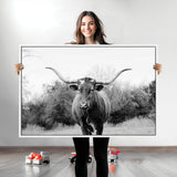 97280319-MGV-CV-36X24-Longhorn Photography Wall Art Canvas Print, Framed Western Cow Decor Art Picture Print, Texas Ranch Style Perfect Rustic Farmhouse