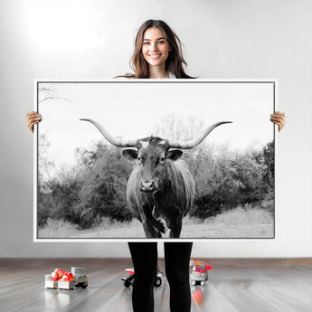 97280319-MGV-CV-36X24-Longhorn Photography Wall Art Canvas Print, Framed Western Cow Decor Art Picture Print, Texas Ranch Style Perfect Rustic Farmhouse