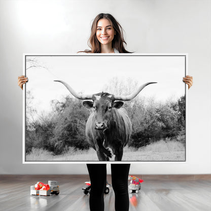 97280319-MGV-CV-36X24-Longhorn Photography Wall Art Canvas Print, Framed Western Cow Decor Art Picture Print, Texas Ranch Style Perfect Rustic Farmhouse