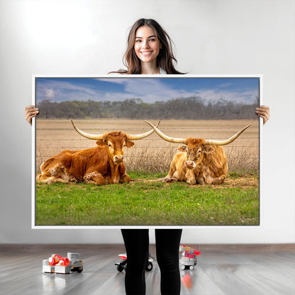 97244565-MGV-CV-36X24-Longhorn Duo Wall Art Canvas Print, Framed Cozy Ranch Vibes Art Picture Print, Western Ranch Decor Perfect Rustic Farmhouse Decor