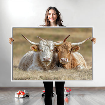 53388593-MGV-CV-36X24-Cow Photography Wall Art Canvas Print, Framed Rustic Animal Decor Art Picture Print, Texas Cow Pair Perfect Western Farmhouse