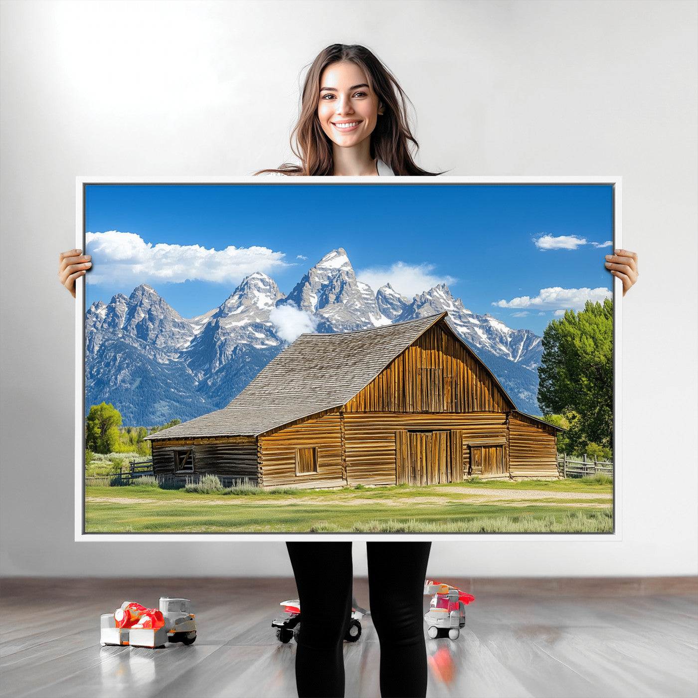 75948467-MGV-CV-36X24-Mountain Barn Scene Wall Art Canvas Print, Framed Rustic Farmhouse Style Art Picture Print, Country Cabin Decor Perfect Rustic