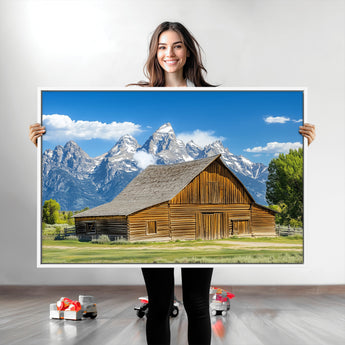 75948467-MGV-CV-36X24-Mountain Barn Scene Wall Art Canvas Print, Framed Rustic Farmhouse Style Art Picture Print, Country Cabin Decor Perfect Rustic