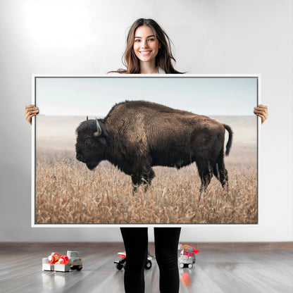 34451925-MGV-CV-36X24-Rustic Bison Decor Wall Art Canvas Print, Framed Buffalo Home Accent Art Picture Print, Prairie Wildlife Scene Perfect Western