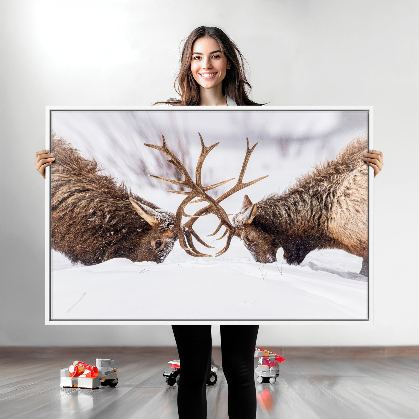 36507609-MGV-CV-36X24-Elk Clash Scene Wall Art Canvas Print, Framed Wildlife Strength Decor Art Picture Print, Snowy Forest Elk Perfect Rustic Lodge