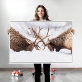 36507609-MGV-CV-36X24-Elk Clash Scene Wall Art Canvas Print, Framed Wildlife Strength Decor Art Picture Print, Snowy Forest Elk Perfect Rustic Lodge