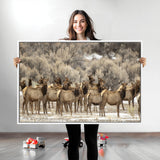 90269422-MGV-CV-36X24-Elk Herd Scene Wall Art Canvas Print, Framed Rustic Wildlife Decor Art Picture Print, Western Cabin Style Perfect Rustic Lodge