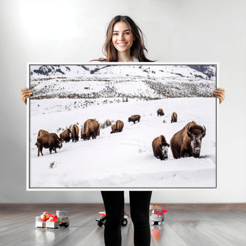 13891210-MGV-CV-36X24-Bison Herd Scene Wall Art Canvas Print, Framed Western Wildlife Decor Art Picture Print, Snowy Mountain Valley Perfect Rustic