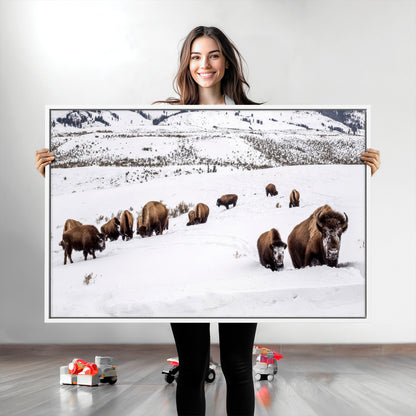 13891210-MGV-CV-36X24-Bison Herd Scene Wall Art Canvas Print, Framed Western Wildlife Decor Art Picture Print, Snowy Mountain Valley Perfect Rustic
