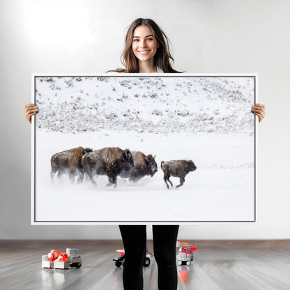 56216945-MGV-CV-36X24-Bison Herd Decor Wall Art Canvas Print, Framed Snowy Bison Scene Art Picture Print, Winter Wildlife Theme Perfect Rustic Western