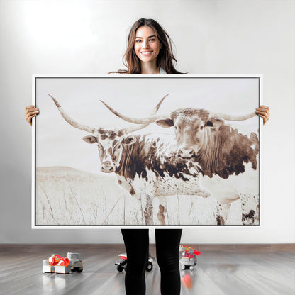 48161868-MGV-CV-36X24-Longhorn Cow Decor Wall Art Canvas Print, Framed Rustic Cattle Art Picture Print, Sepia Western Vibe Perfect Neutral Rustic
