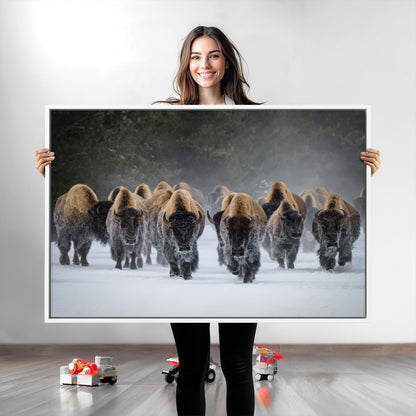 41669135-MGV-CV-36X24-Bison Herd Scene Wall Art Canvas Print, Framed Rustic Wildlife Decor Art Picture Print, Snowy Bison Landscape Perfect Rustic
