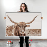 77810049-MGV-CV-36X24-Longhorn Bull Photo Wall Art Canvas Print, Framed Rustic Cow Decor Art Picture Print, Neutral Farmhouse Style Perfect Rustic
