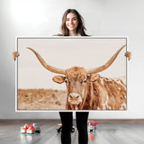 74406977-MGV-CV-36X24-Longhorn Bull Decor Wall Art Canvas Print, Framed Western Cow Theme Art Picture Print, Rustic Farmhouse Wall Perfect Neutral
