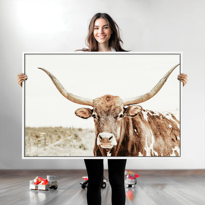 98924580-MGV-CV-36X24-Texas Longhorn Bull Wall Art Canvas Print, Framed Rustic Farmhouse Decor Art Picture Print, Western Animal Theme Perfect Rustic