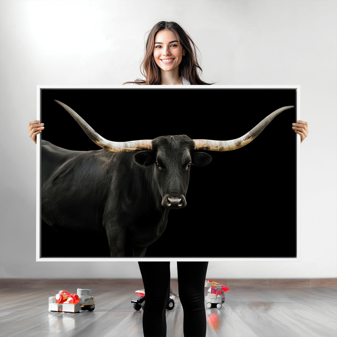 23572907-MGV-CV-36X24-Texas Longhorn Wall Art Canvas Print, Framed Rustic Western Decor Art Picture Print, Farmhouse Animal Perfect Modern Western