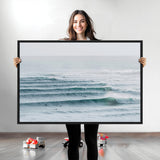 73969318-MGV-CV-36X24-Ocean Waves Wall Art Canvas Print, Framed Surfer Lineup Art Picture Print, Crowded Ocean Perfect Minimal Coastal Decor Artwork