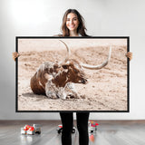 25407592-MGV-CV-36X24-Texas Longhorn Wall Art Canvas Print, Framed Resting Bull Art Picture Print, Spotted Cattle Perfect Rustic Western Decor Artwork