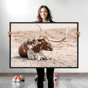 25407592-MGV-CV-36X24-Texas Longhorn Wall Art Canvas Print, Framed Resting Bull Art Picture Print, Spotted Cattle Perfect Rustic Western Decor Artwork