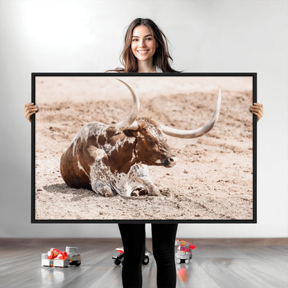 25407592-MGV-CV-36X24-Texas Longhorn Wall Art Canvas Print, Framed Resting Bull Art Picture Print, Spotted Cattle Perfect Rustic Western Decor Artwork