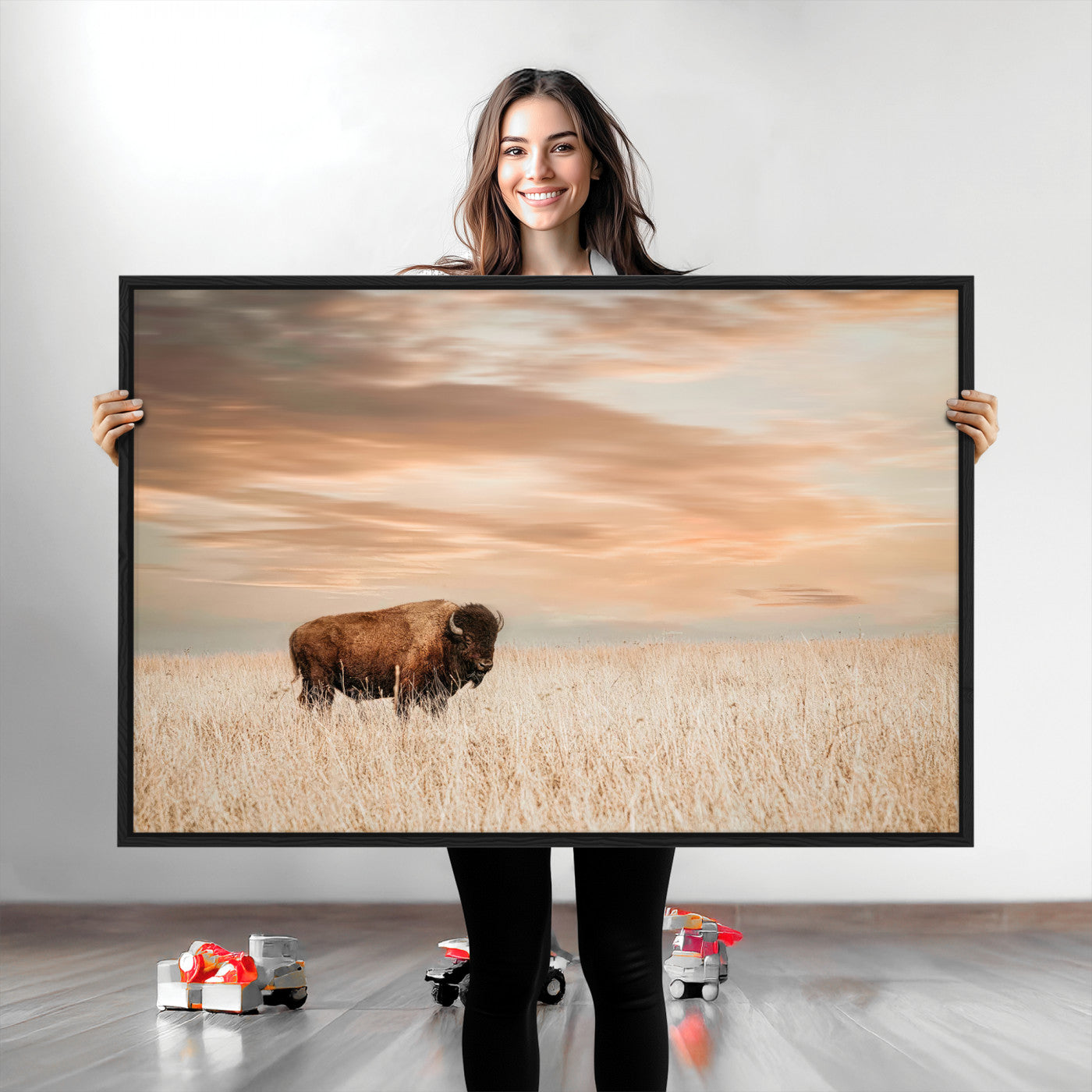 87282289-MGV-CV-36X24-Bison Wall Art Canvas Print, Framed Buffalo Art Picture Print, Western Prairie Perfect Rustic Decor Artwork