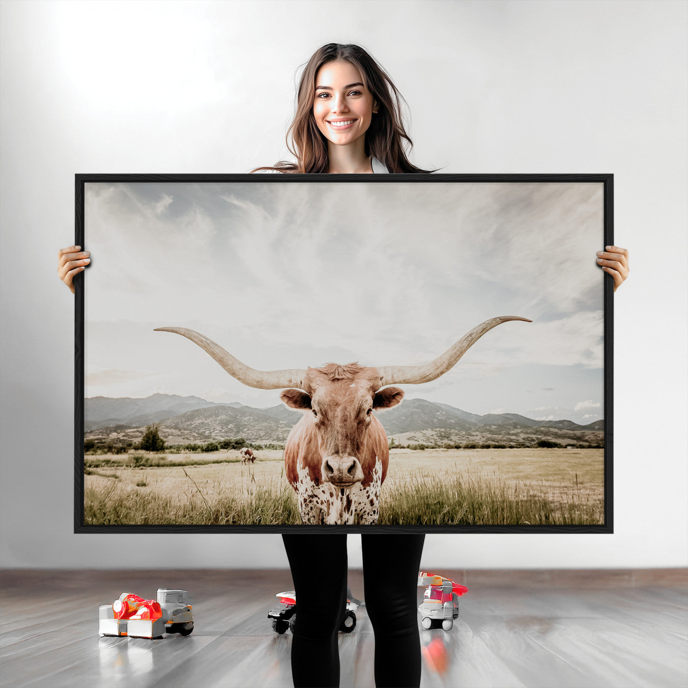 80054319-MGV-CV-36X24-Texas Longhorn Wall Art Canvas Print, Framed Western Cow Art Picture Print, Rustic Farmhouse Perfect Farmhouse Decor Artwork