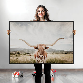 80054319-MGV-CV-36X24-Texas Longhorn Wall Art Canvas Print, Framed Western Cow Art Picture Print, Rustic Farmhouse Perfect Farmhouse Decor Artwork