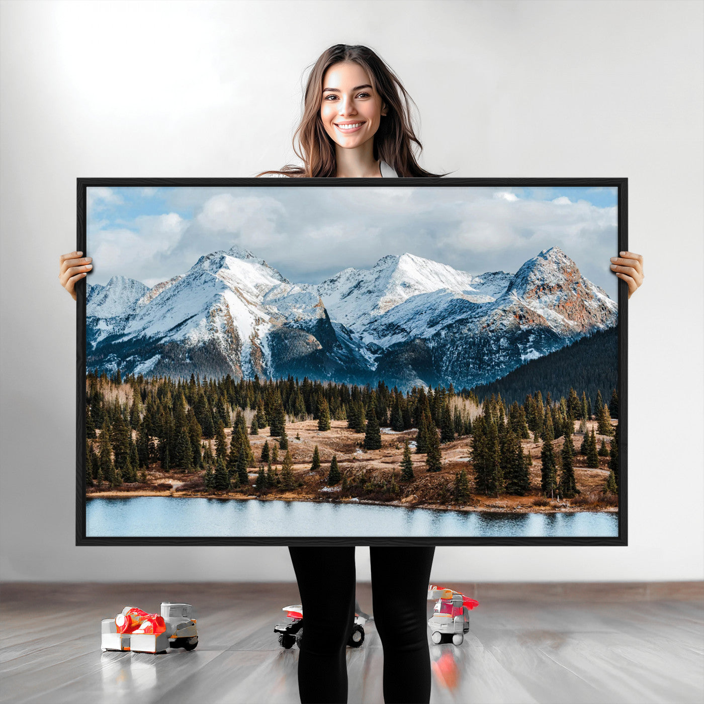 36247746-MGV-CV-36X24-Snowy Peaks Wall Art Canvas Print, Framed Alpine Lake Art Picture Print, Pine Forest Perfect Alpine Wilderness Decor Artwork