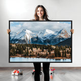 36247746-MGV-CV-36X24-Snowy Peaks Wall Art Canvas Print, Framed Alpine Lake Art Picture Print, Pine Forest Perfect Alpine Wilderness Decor Artwork