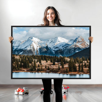 36247746-MGV-CV-36X24-Snowy Peaks Wall Art Canvas Print, Framed Alpine Lake Art Picture Print, Pine Forest Perfect Alpine Wilderness Decor Artwork