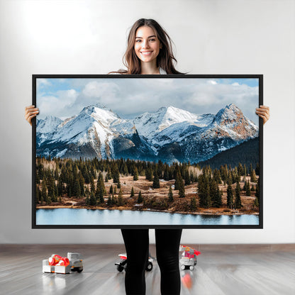 36247746-MGV-CV-36X24-Snowy Peaks Wall Art Canvas Print, Framed Alpine Lake Art Picture Print, Pine Forest Perfect Alpine Wilderness Decor Artwork