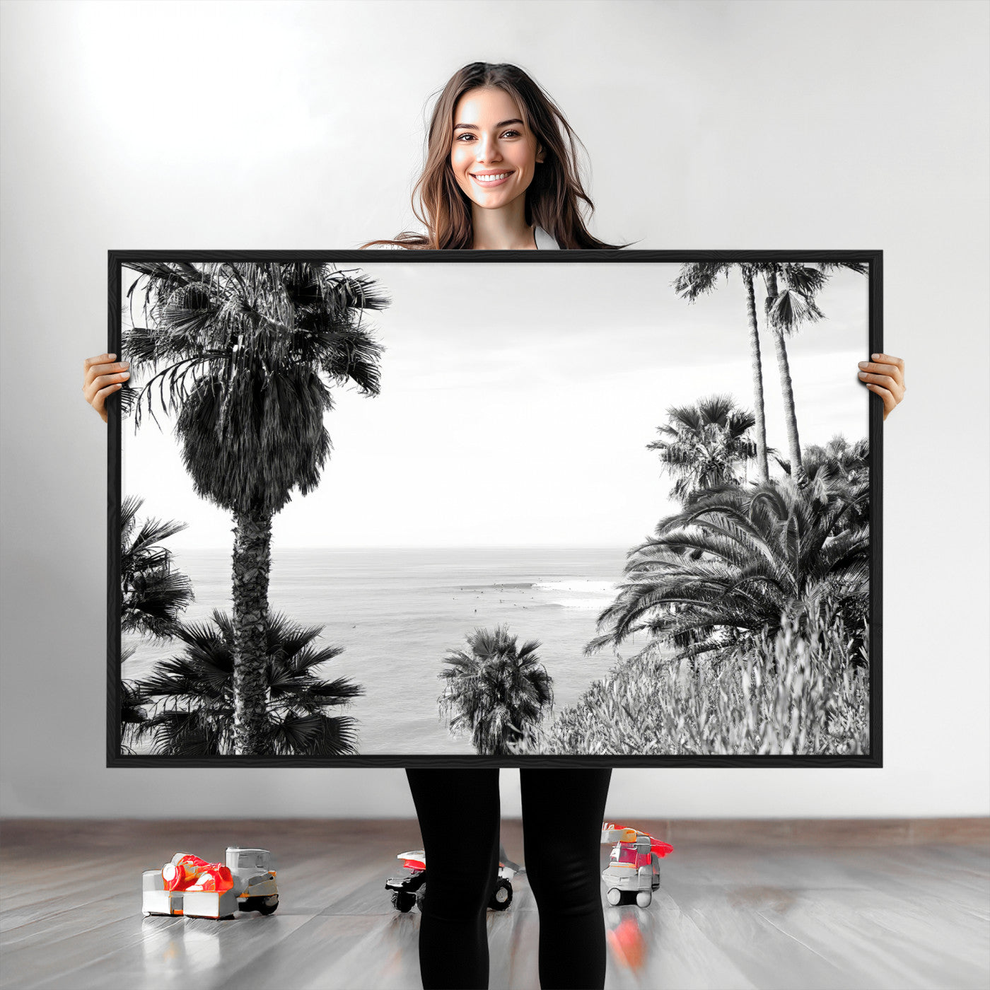 89458520-MGV-CV-36X24-Palm Trees Wall Art Canvas Print, Framed Coastal View Art Picture Print, Ocean Horizon Perfect Monochrome Coast Decor Artwork