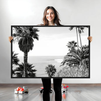 89458520-MGV-CV-36X24-Palm Trees Wall Art Canvas Print, Framed Coastal View Art Picture Print, Ocean Horizon Perfect Monochrome Coast Decor Artwork