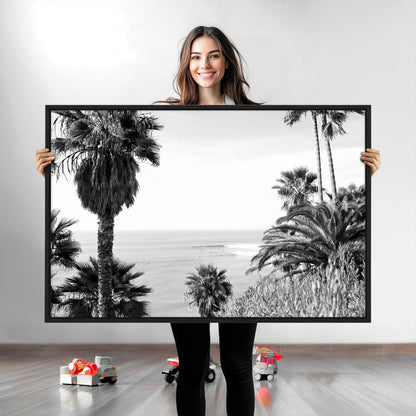 89458520-MGV-CV-36X24-Palm Trees Wall Art Canvas Print, Framed Coastal View Art Picture Print, Ocean Horizon Perfect Monochrome Coast Decor Artwork