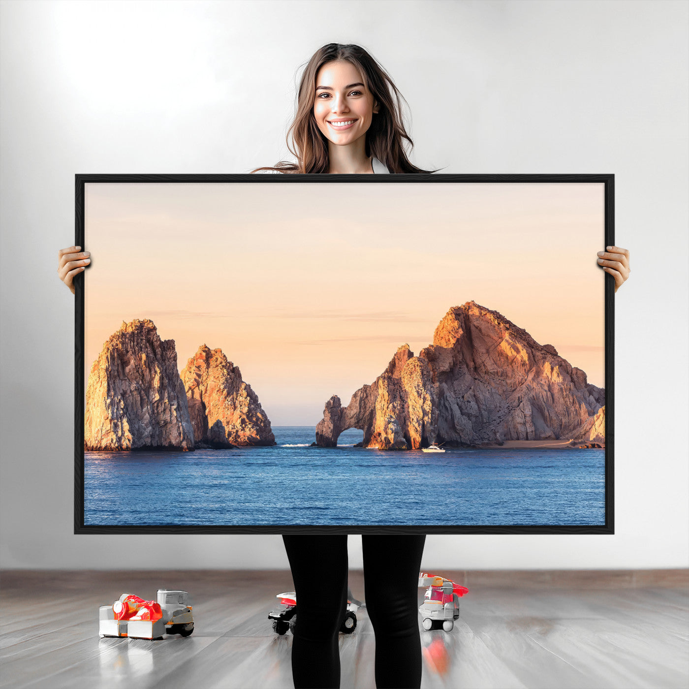 72996116-MGV-CV-36X24-El Arco Wall Art Canvas Print, Framed Cabo Rocks Art Picture Print, Ocean Arch Perfect Golden Coastal Landmark Decor Artwork