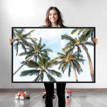 87247012-MGV-CV-36X24-Skyward Palm Trees Wall Art Canvas Print, Framed Tropical Sky Art Picture Print, Coconut Palm Perfect Tropical Skyview Decor