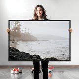 62501405-MGV-CV-36X24-Misty Beach Wall Art Canvas Print, Framed California Surfer Art Picture Print, Coastal Cliff Perfect Coastal Beach Decor Artwork