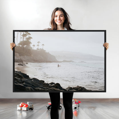 62501405-MGV-CV-36X24-Misty Beach Wall Art Canvas Print, Framed California Surfer Art Picture Print, Coastal Cliff Perfect Coastal Beach Decor Artwork