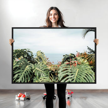 45700479-MGV-CV-36X24-Monstera Leaves Wall Art Canvas Print, Framed Tropical Ocean Art Picture Print, Tropical Foliage Perfect Tropical Coastal Jungle
